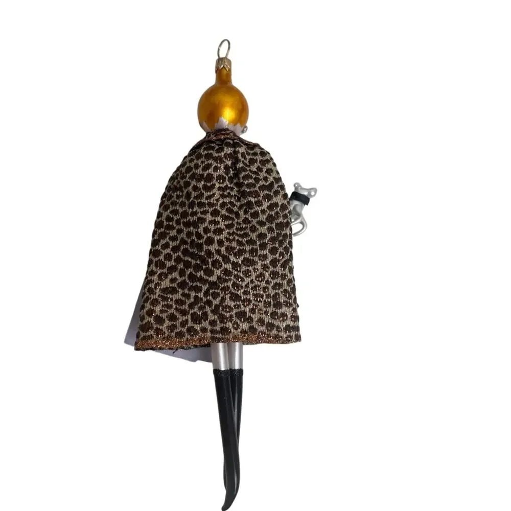 De Carlini Bergdorf Goodman Glass Ornament Leopard Coat Lady Dog Italy w/ BG Box